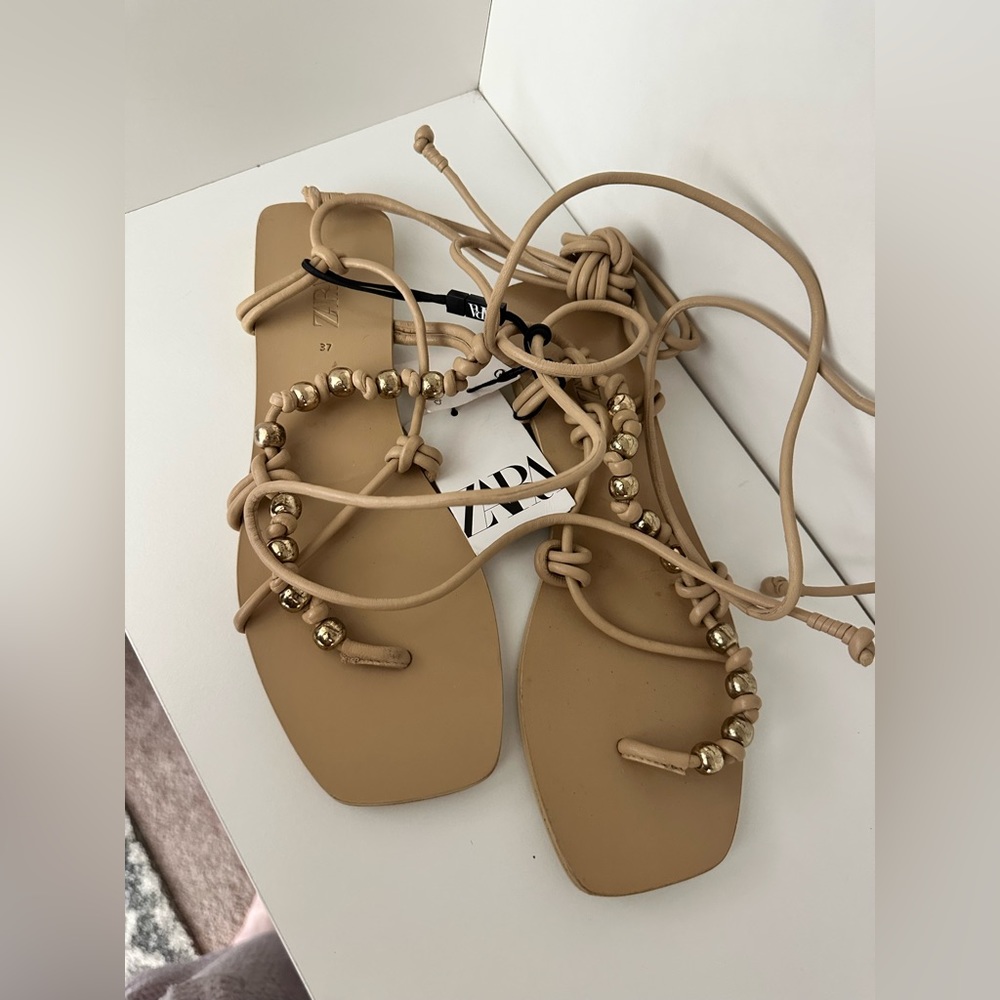 Zara Beige Tan Strappy Beaded Lace-Up Sandals - Picture 2 of 2